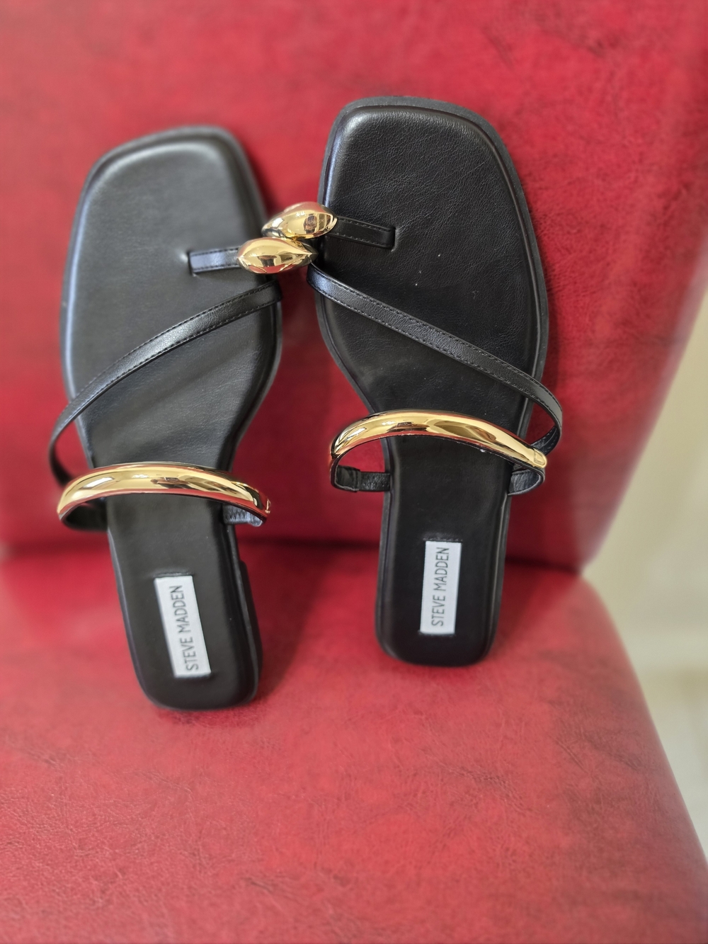 Steve Madden Black Slide Sandals with Gold Hardware